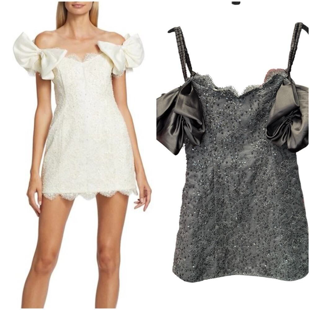 LoveShackFancy Kakena Off-The-Shoulder Beaded Minidress Black Small